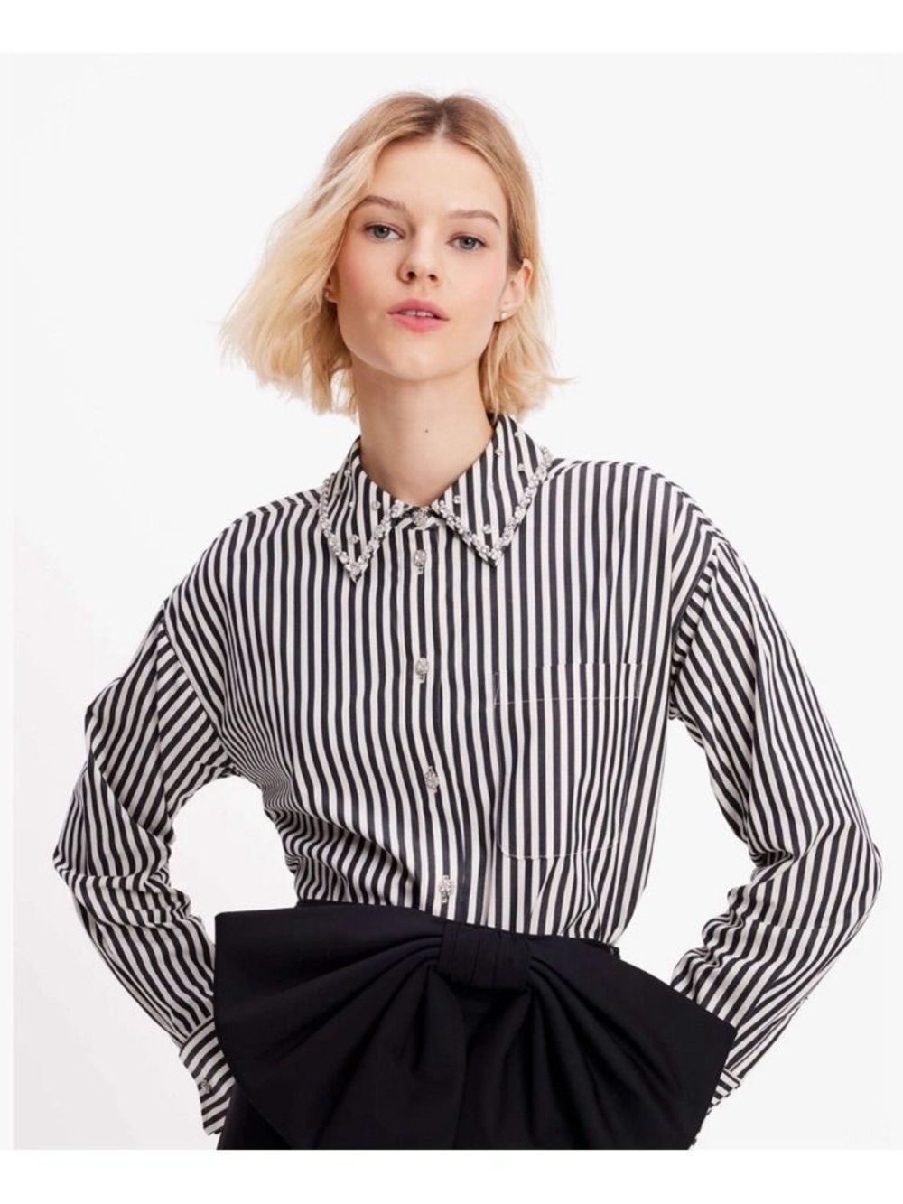 kate spade Black and White Striped Button-Down Blouse with Embellished Collar